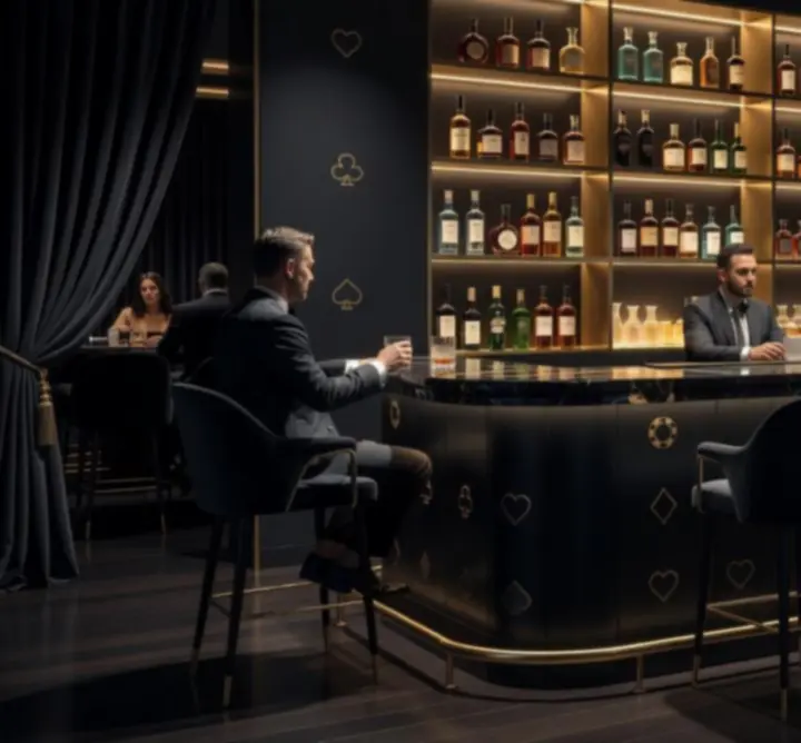 Hangulatos bár és lounge részleg, sötét fényekkel és exkluzív koktélokkal