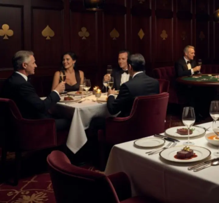 Luxus gasztronómiai est elegáns éttermi enteriőrrel és fine dining tálalással