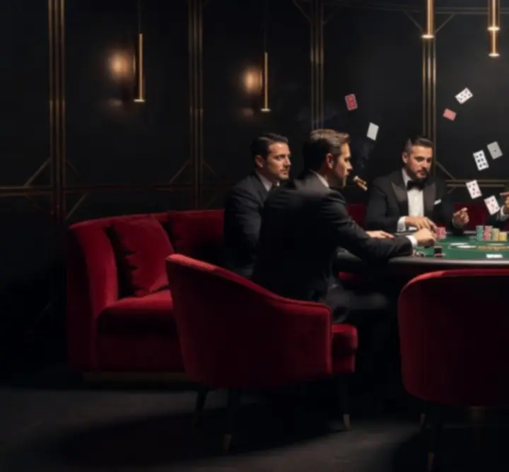 Luxus VIP póker lounge, félhomályos fényekkel és elegáns asztalokkal